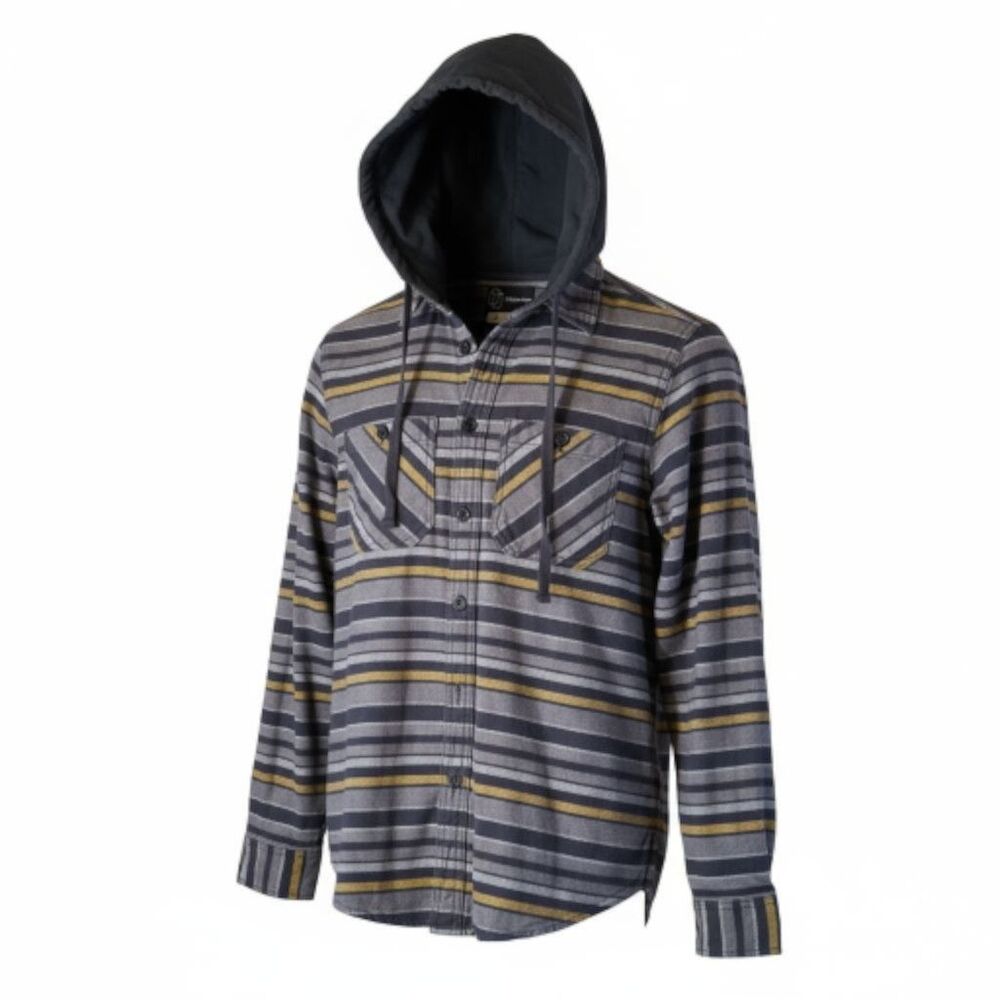 Original Use Men’s Striped Flannel Hoodie Shirt – Gray & Yellow Long Sleeve...